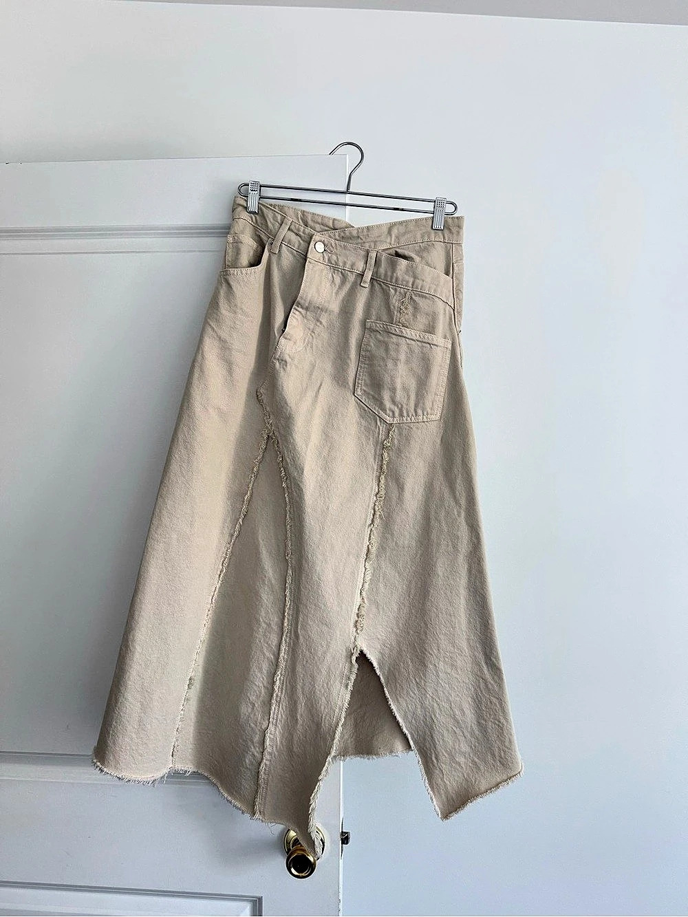 Zara Raw Edge Asymmetrical Midi Skirt in Beige/ tan 
Size Medium